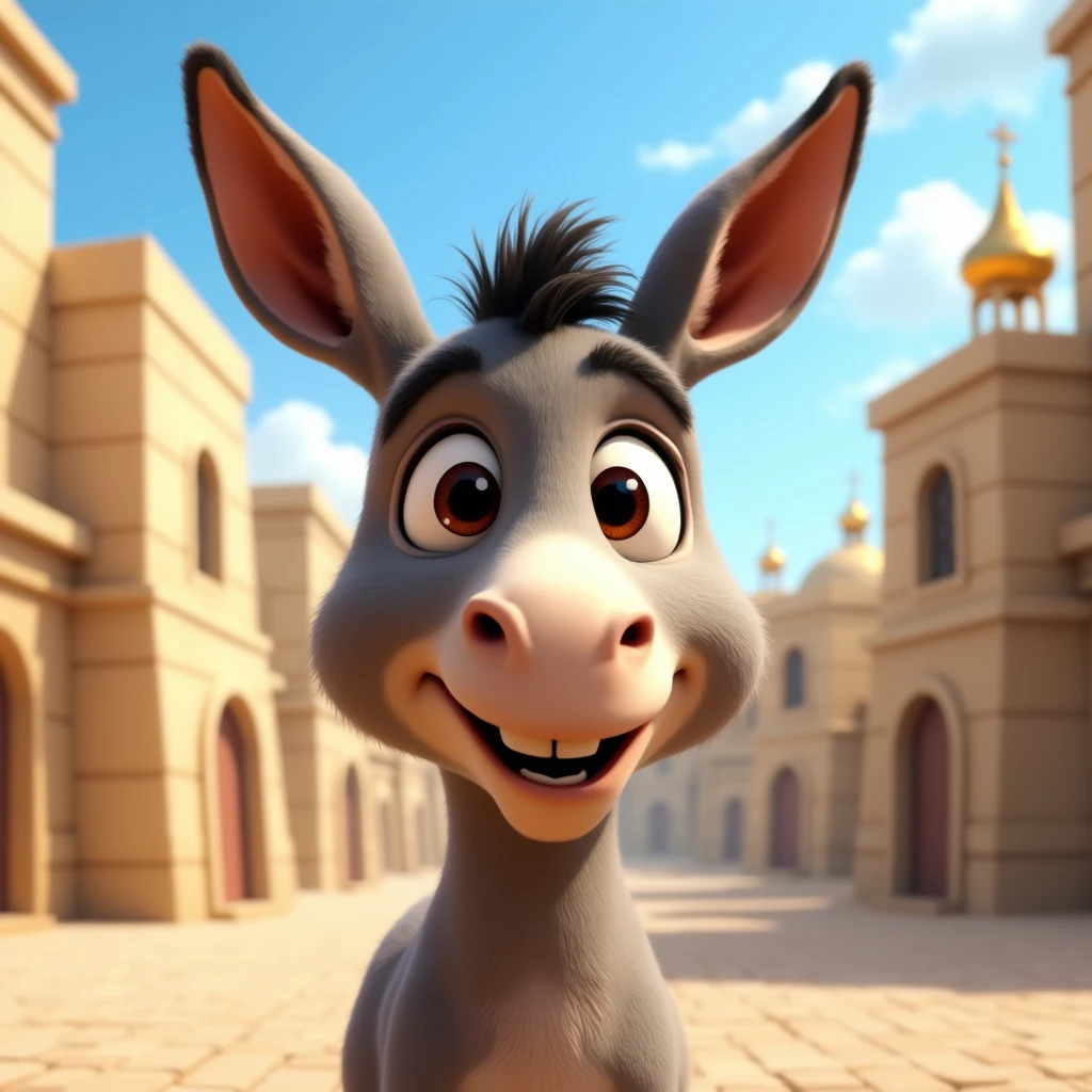 an image of a cute, expressive donkey with big, friendly eyes, in an ancient city with light stone buildings and golden domes in the background. The donkey should be looking at the viewer with a happy expression., on a sunny day with blue skies, creating a light and lively atmosphere