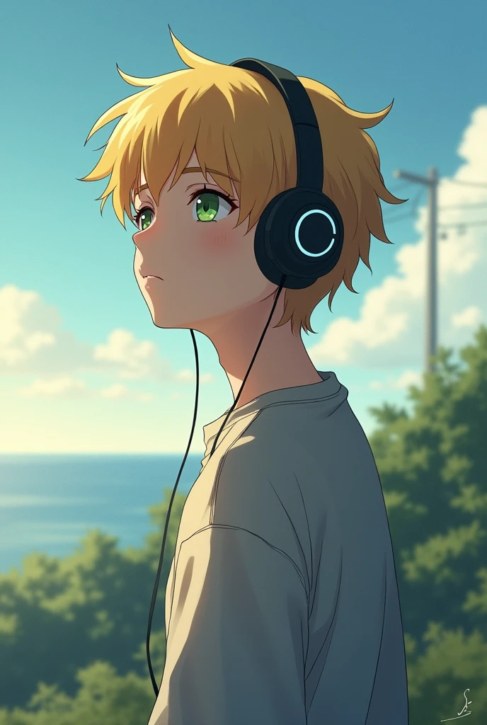 A profile picture of a blonde haired, green eyed anime boy with headphones looking thoughtful, in a sweatshirt and looking at the horizon, a little serious and melancholic