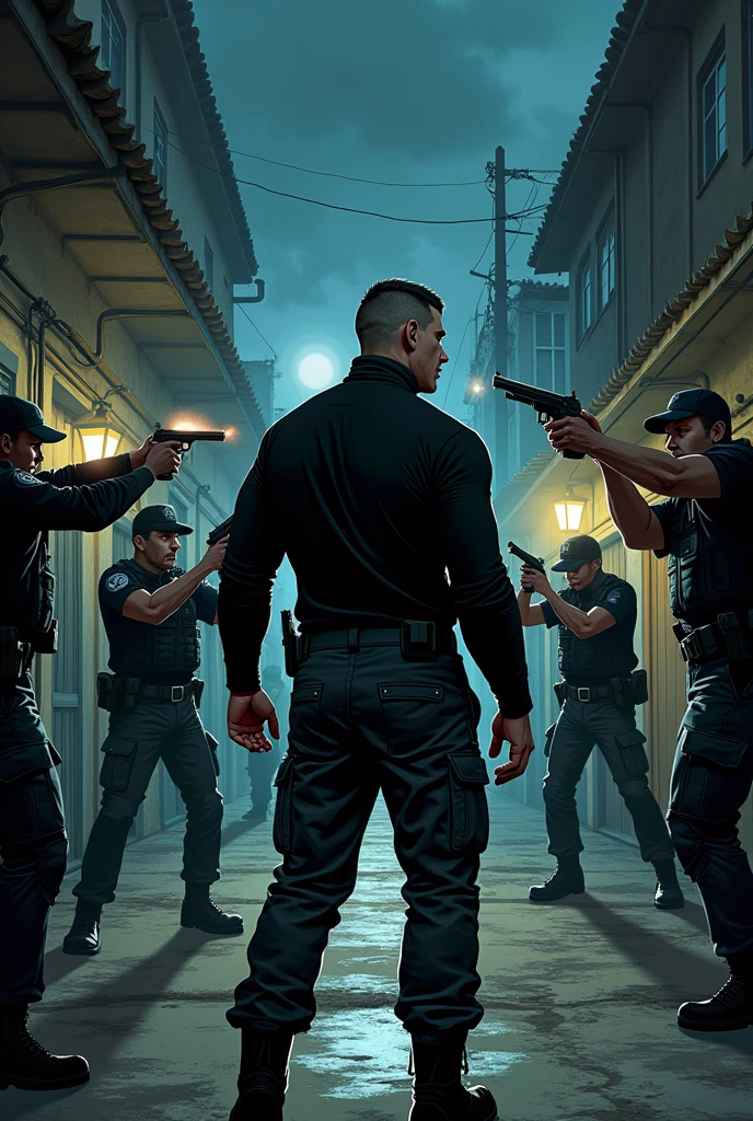 American comic book style, White male, 50s, Short straight black hair back, triangular face, cara maligna, eyes black, piercing look, long nose, small mouth, fine lips, shaven, endomorph body type, Cao Cao (wearing a black turtleneck and long sleeves, black camo pants and black boots), ((Com rifle de assCao Cao, in a Brazilian favela exchanging gunfire with police at night)), (comic book drawing), Mixing, Vanishing Point, wide plan, from behind, perspective, sideways, American comics, ultra HD, work of art, precise, anatomically correcte, texturized skin, super detaill, detalhes Cao Caos, high qualiy, awardwinning, best qualityer, high resolution