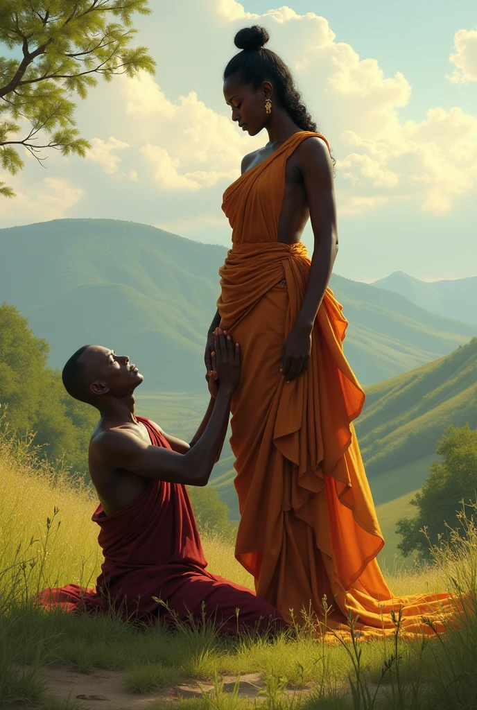 Tibetan monk postrated at the feet of a dark black skin full naked curvy powerful feminine woman posing on a standing yoga daylight landscape