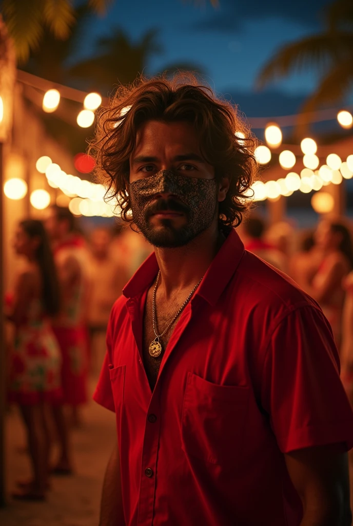 Wavy haired man wearing mask on upper face and red clothes at a luau party at night