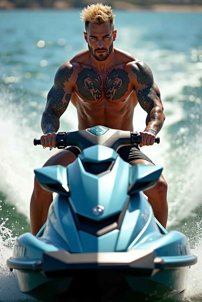 An 1 tattooed blond man on top of a jet ski posing