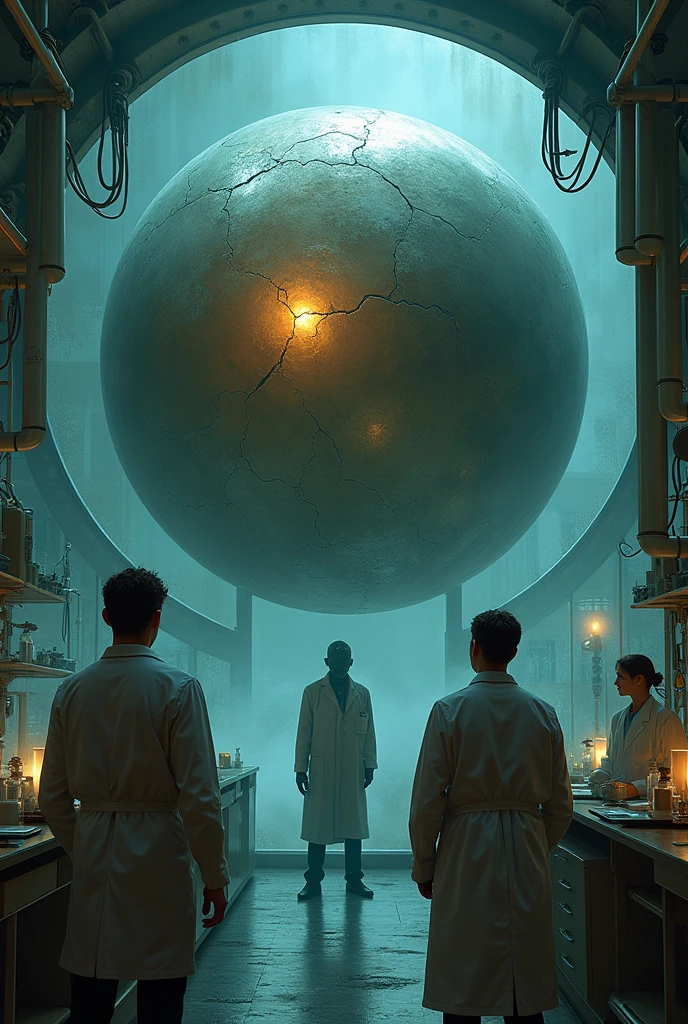 In a laboratory a cracked metal colored sphere and a kind of shadowy figure next to the sphere watching the scientists with a bright flash coming out of his eyes and that sphere is inside a glass window. And 3 scientists are watching in amazement