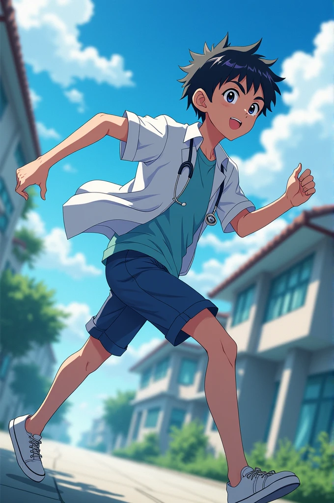 patient teenager boy character right side pose running from hospital roof , anime style (best quality)), ((masterpiece)), (detailed), perfect face