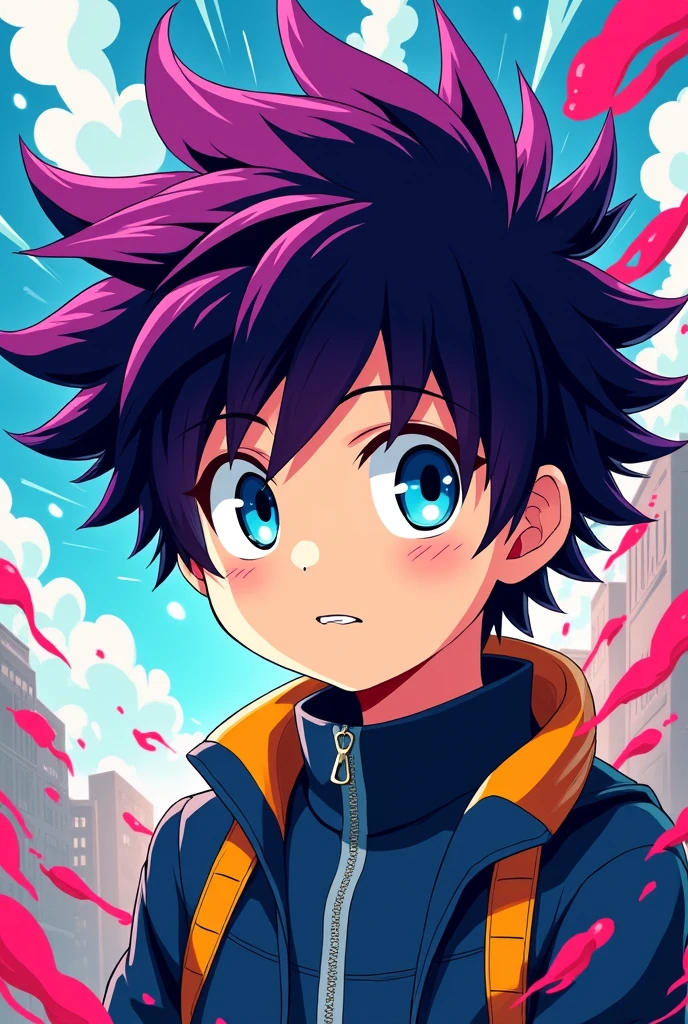 Boy with purple hair and blue eyes Boku no Hero style