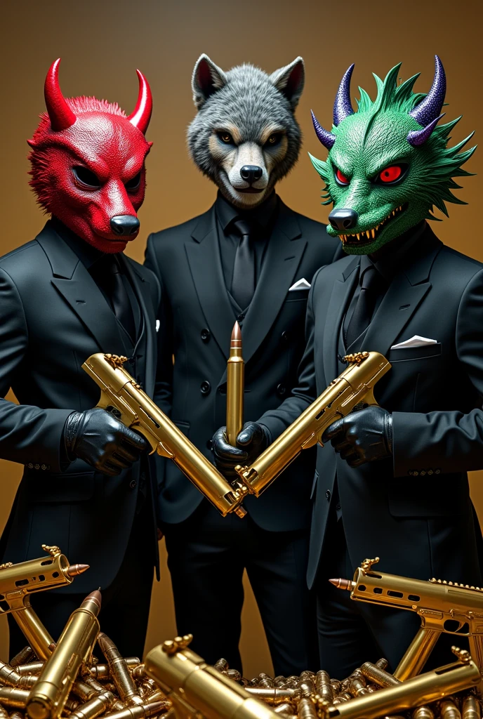 3 men in black suits, one on the far right with a horned dragon mask and realistic green hair with purple tips and slanted red eyes , . In the middle one with a realistic wolf mask that has hair and on the left one with a realistic red demon mask , The 3 in golden suits, guns and lots of bullets. Let the dragon be on the right . With golden weapons , the 3 celebrating with their weapons