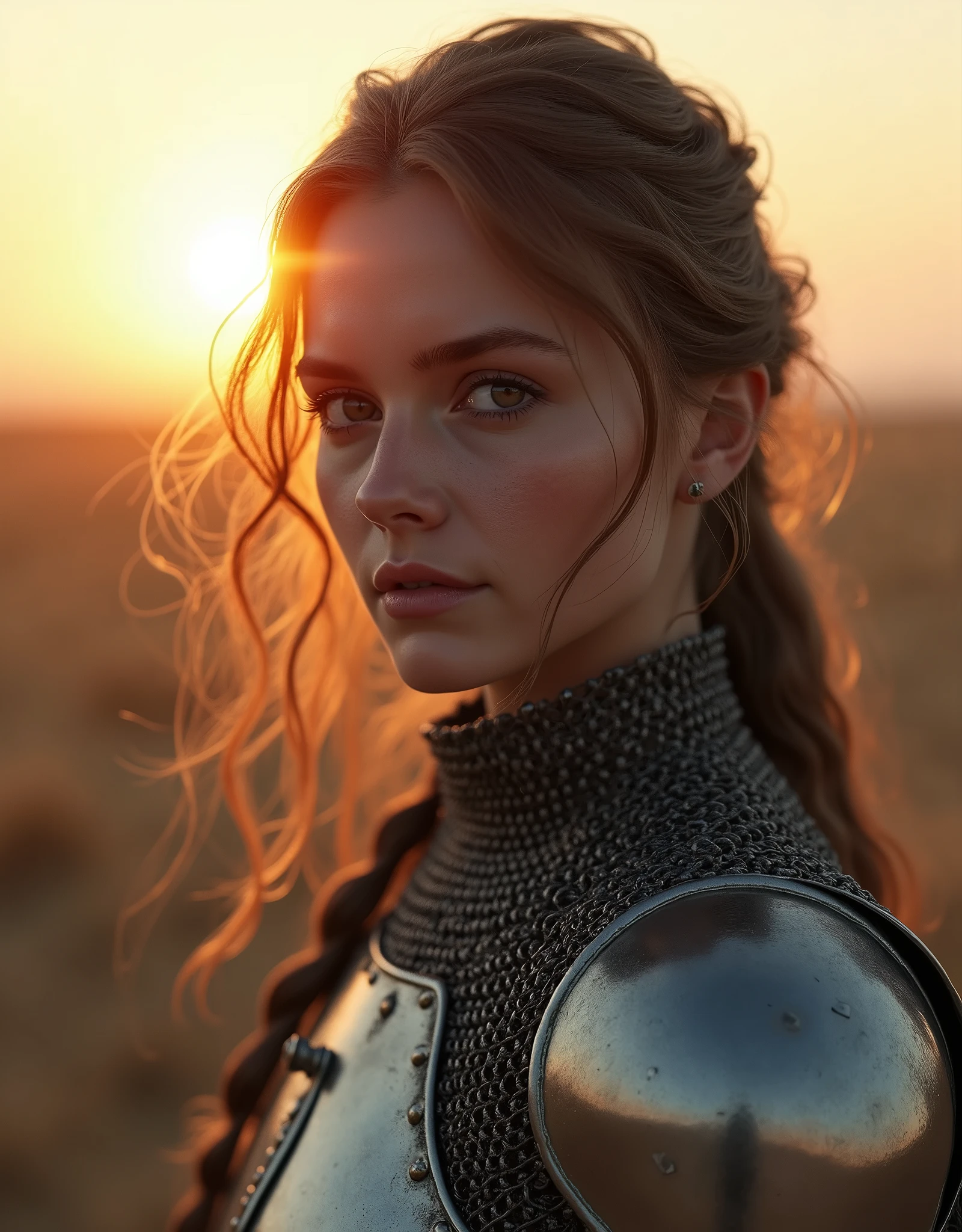 (masterpiece), (extremely intricate:1.3), (realistic), portrait of a girl, the most beautiful in the world, (medieval armor), metal reflections, upper body, outdoors, intense sunlight, far away castle, professional photograph of a stunning woman detailed, sharp focus, dramatic, award winning, cinematic lighting, octane render unreal engine, volumetrics dtx, (film grain, blurry background, blurry foreground, bokeh, depth of field, sunset, motion blur:1.3), chainmail