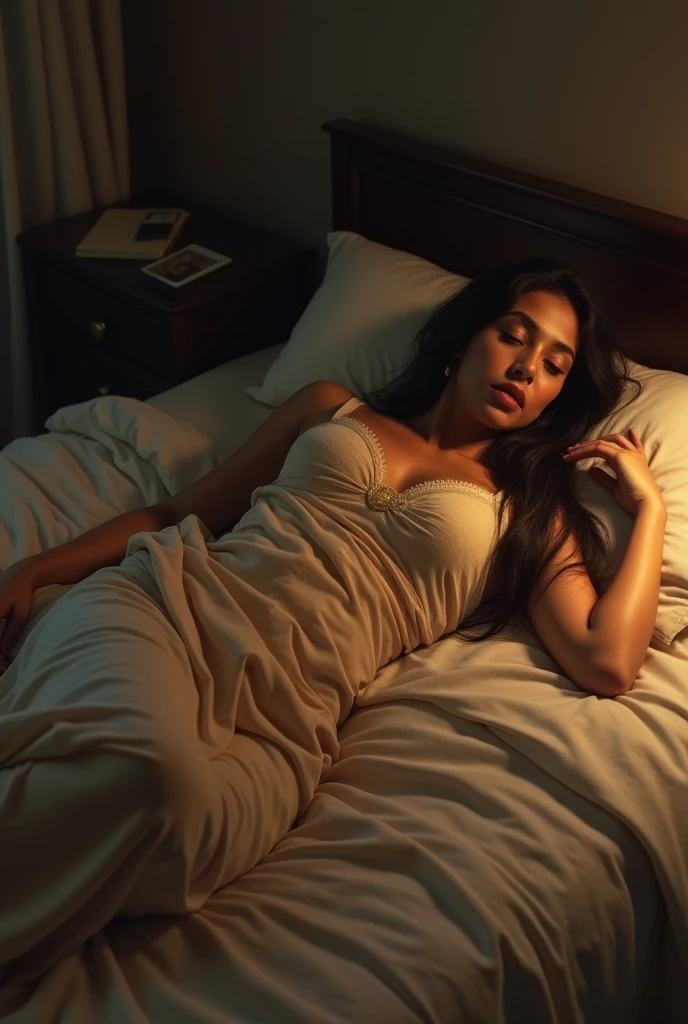 (photorealism:1.2), beautiful north indian fair married woman, sleeping on bed, wearing low waist saree, navel on show, hourglass figure, long messy straight hair, indoors, soft lighting, blur background, dark room, cozy room, casual pose, without face, realistic, intricate details, warm colors, by Greg Rutkowski, by Alphonse Mucha