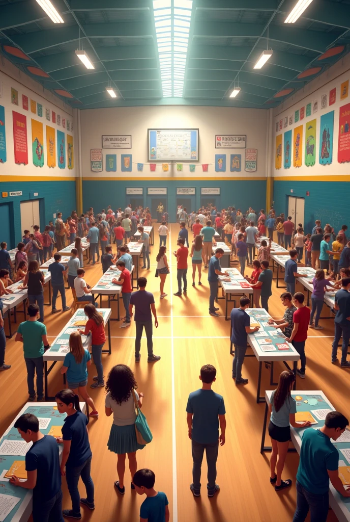 Generate an image of a school gymnasium filled with students, parents, and teachers for a "Back-to-School Night" event. Tables are set up with information about classes, and banners welcome families to the new school year. The scene is lively, with people mingling and engaging in conversations.