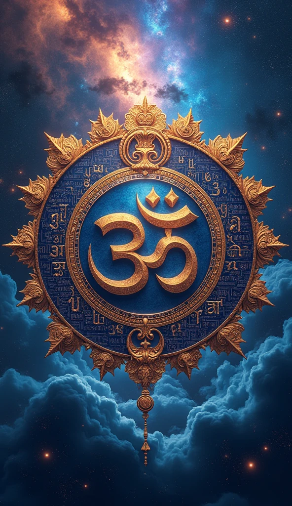 Create an aesthetic high definition ambigram on Hindu scriptures and symbols in circular mandala style with a beautiful extraterrestrial background