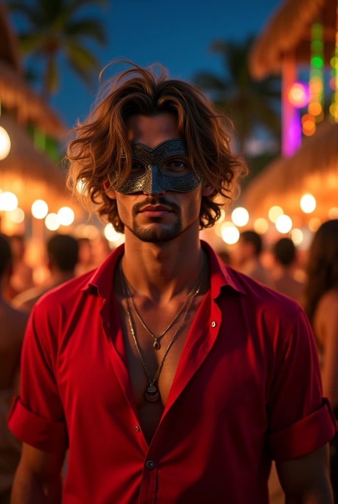 Wavy haired man wearing mask on upper face and red clothes at a luau party at night