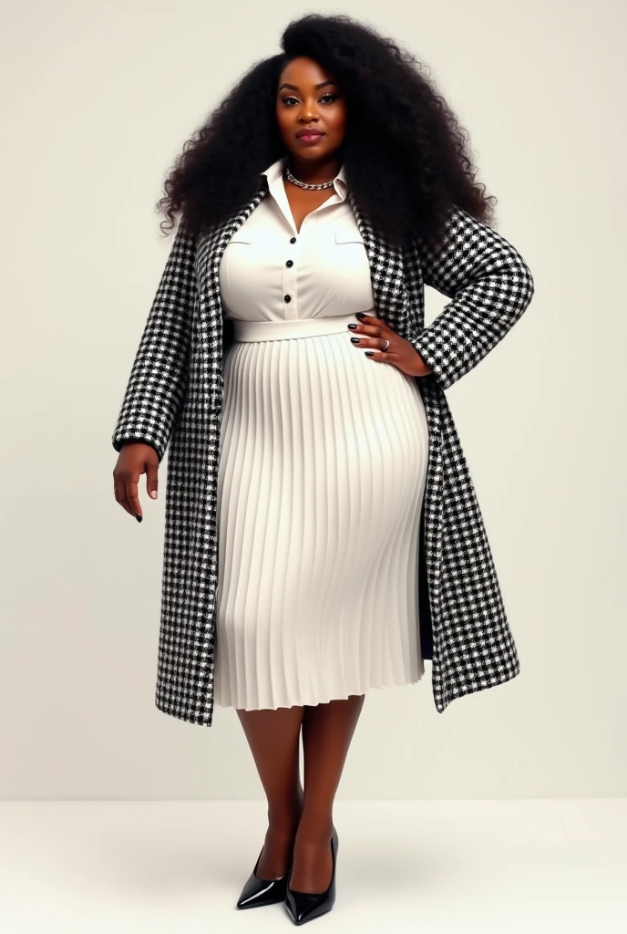 Make a picture of a black woman , long curly black hair, dark shaped eyes, chubby,wearing a white pleated mid skirt ,white blouse ,black and white houndstooth coat,black tights,black heel shoe