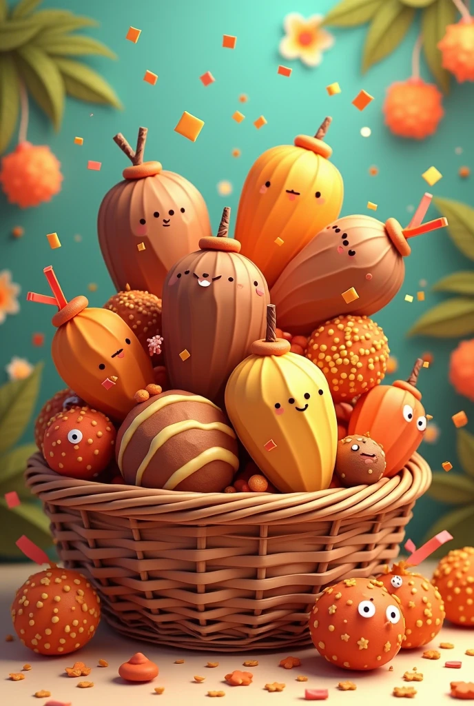 different types of brown and coffee-colored tamarind sweets with tamarind and square shapes, with colored ribbons, confetti, inside a basket with a flower background, that they are like cartoons



