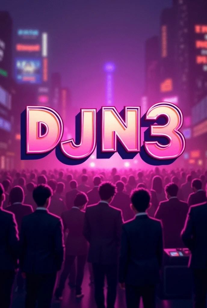 Make a profile picture with the name DJN3 in capital letters with a violet vibe, retro vibe, a lot of people there