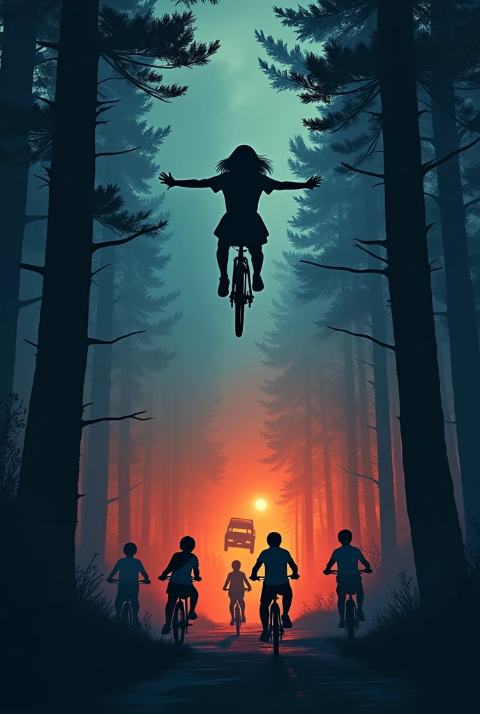 "A scene inspired by Stranger Things with a minimalist style similar to Olly Moss. In the top third of the image, the kids are riding their bikes on a dark road through a forest. Eleven is on a bike behind one of the boys, her arms outstretched as she lifts a van into the air. In the middle third, the town of Hawkins is visible in the background with iconic buildings, all bathed in contrasting orange and blue light. The style is simple, with silhouettes and bold contrasting colors, reminiscent of vintage movie posters."

