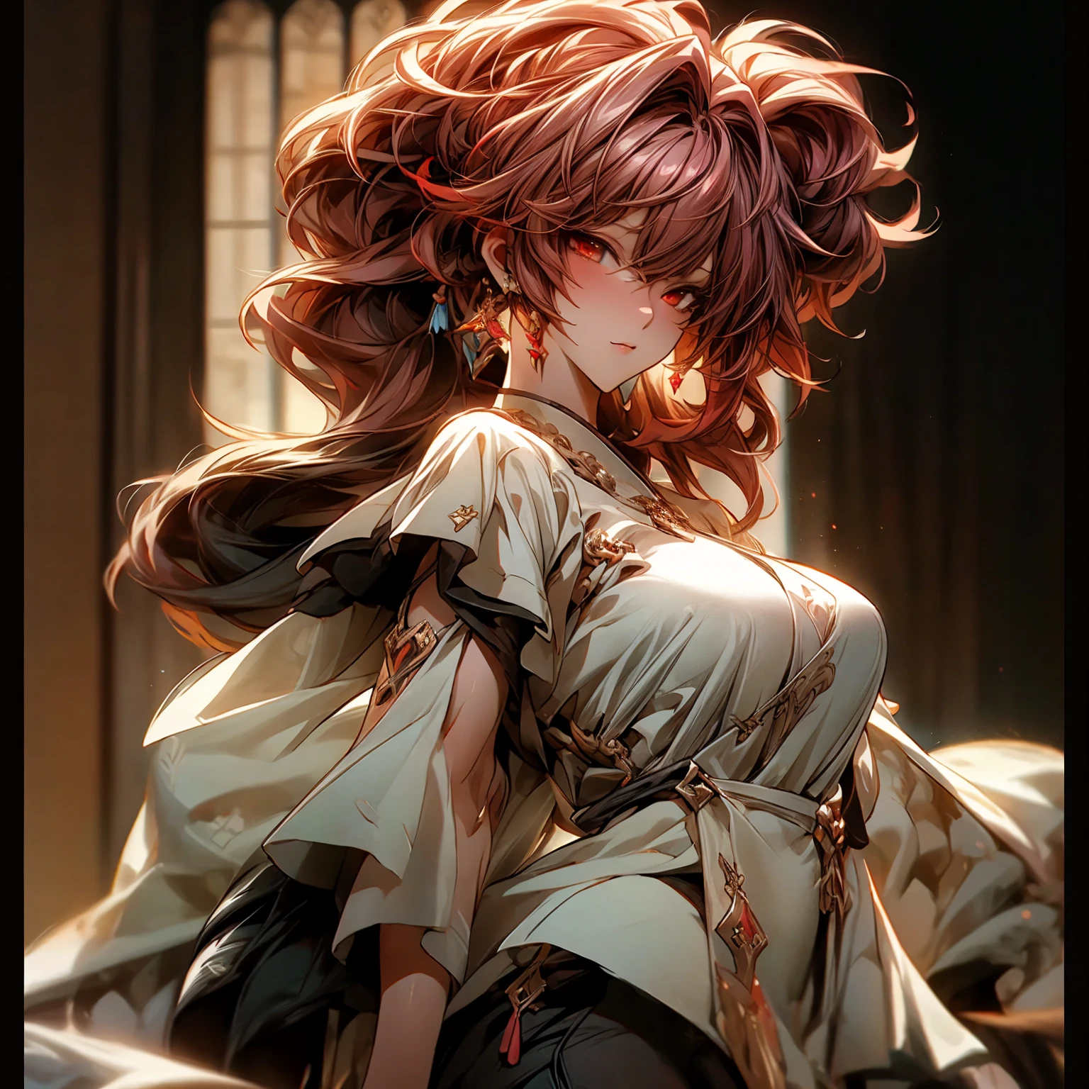 (best quality)), ((Masterpiece)), (details:1.4), 3d, HDR (high dynamic range), an image of a beautiful cyberpunk female, fantasy, Red hair, High ponytail, Red eyes, จมูกโด่ง, ปากแดง, หน้าอกใหญ่, nvidia RTX, PBR surface, After processing, Anisotropic filtration,depth of field, Maximum clarity and clarity, multi-layered surface, Subsurface scattering, perfect proportions, 8K raw files, ultra detailed, Perfect proportions, volumetric lighting, soft lighting, Holy Paladin, Heavy black Armor, glossy skin, chapel background, jewely, ต่างหู, นิ้วมือสมบูรณ์,