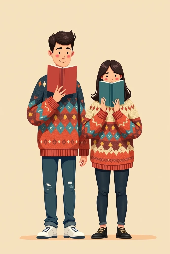 Vector art of couple wearing buggy sweater and both are holding a book covering their face. The guy is taller and the girl is a bit chubby
