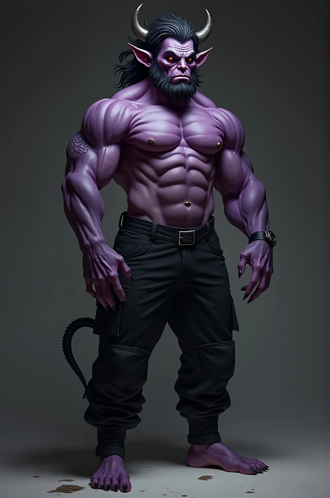 naughty man, between 30 and 40 years old, dark purple alien, Cao Cao, stark, bonitas, dark red iris, baharal horns, messy black hair, wavy, bushy eyebrows, traços starks e marcantes como os de um touro, piercing de argola no septo, black nails. Wearing black tactical pants, barefoot, wearing no shirt