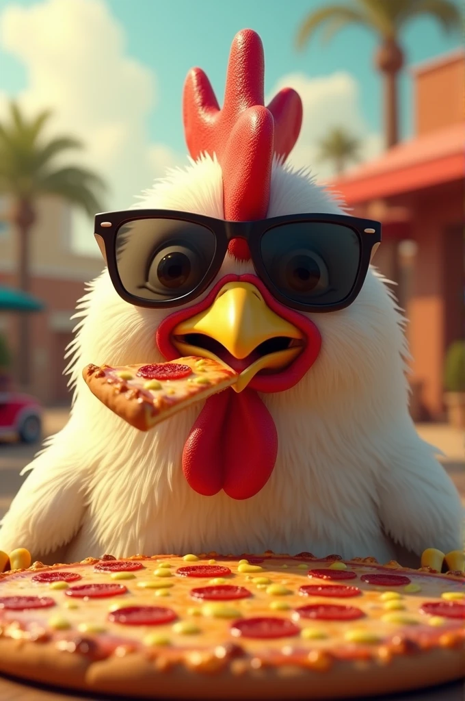 Chicken in sunglasses eat pizza 
