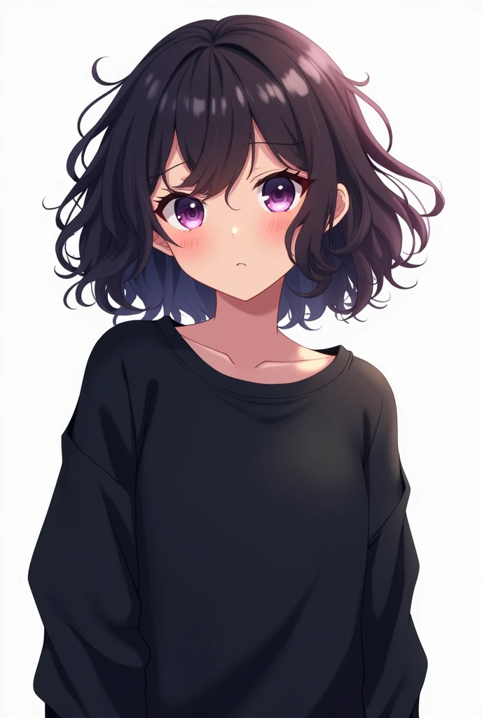Anime drawing of a girl with curly hair and purple eyes, black sweatshirt and white background