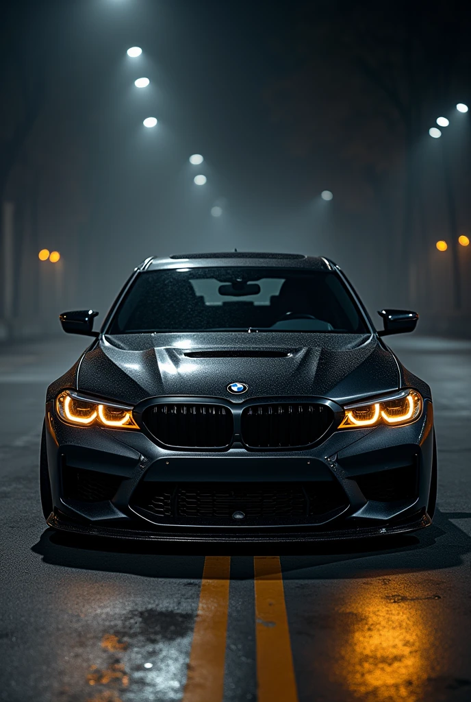 Bmw 320d with gold alloy wheels in night
with gold ring head light devil look in 3d full view