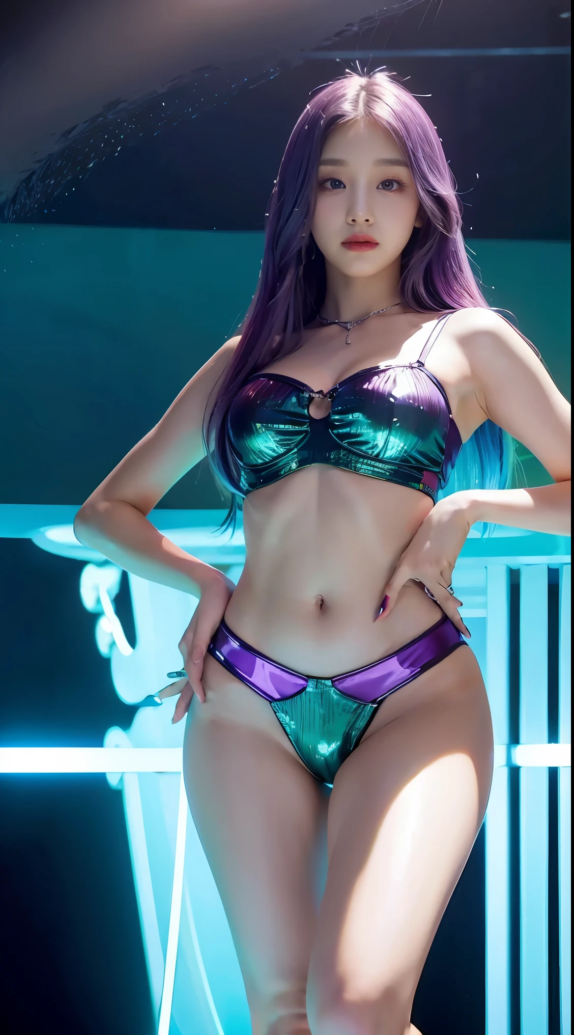 Masterpiece, best quality, 1 woman, Available in length, flow, Shimmering purple hair, light blue, And green, Wear it stylishly, A tight dark red top with straps that reveal the lower part of her abdomen., Stand in a prominent pose with one hand on the hip., And another hand holding a bright light., magical crystal ball. in the background, The vortex of light and energy adds to the mysterious and enchanting atmosphere of the scene.. I shine, colorful hair