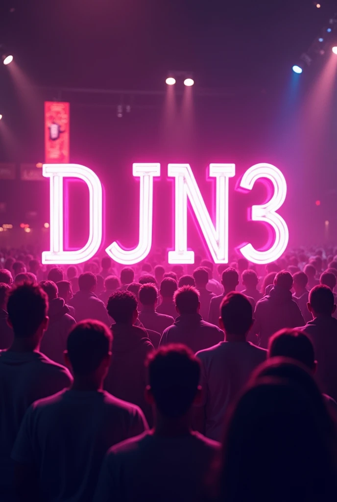 Make a profile picture with the name DJN3 in capital letters with a violet vibe, retro vibe, a lot of people there