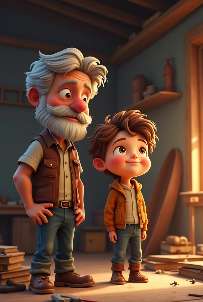 Create a boy and his dad thinking of a boat.cheered up