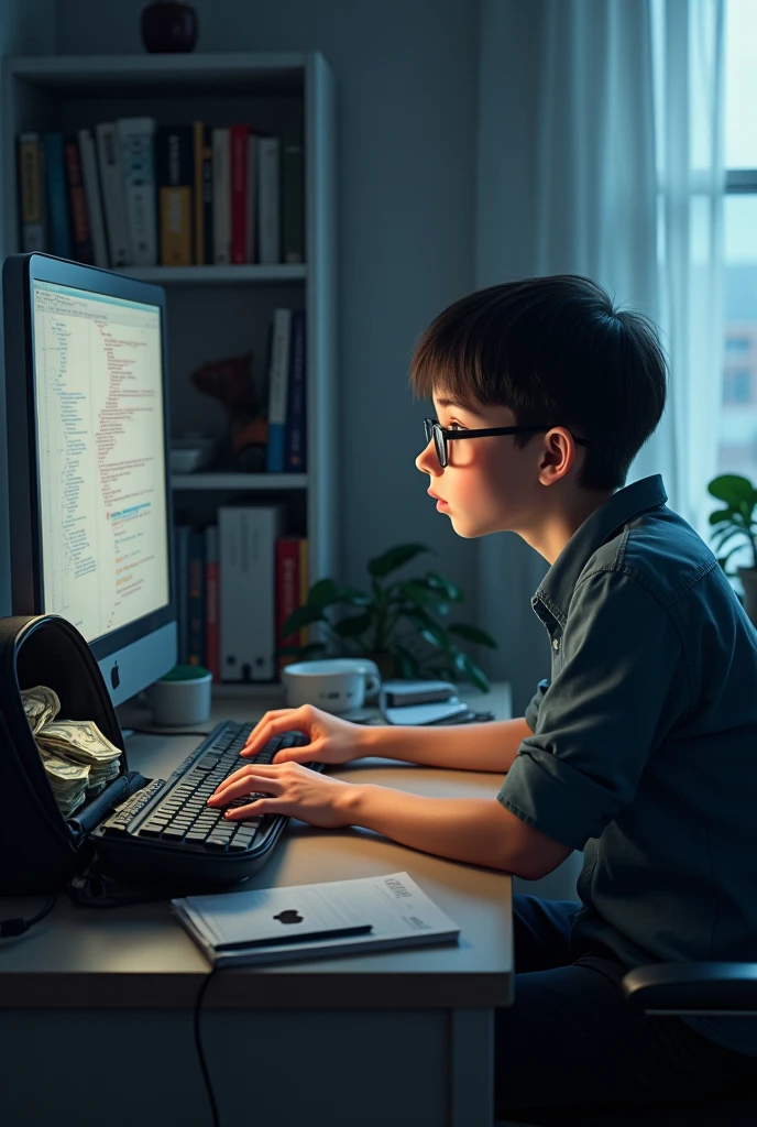 Un garçon au cheveux lisse. Il est un développeur informatique. Le garçon est dans ca chambre.il est assis sur son bureau entrain de coder. Il porte un lunette. son chien noir à cheveux lisse est assis à côté de lui. Son cartable est rempli d'argent. Son cartable est ouvert. Une arme est sur son bureau 