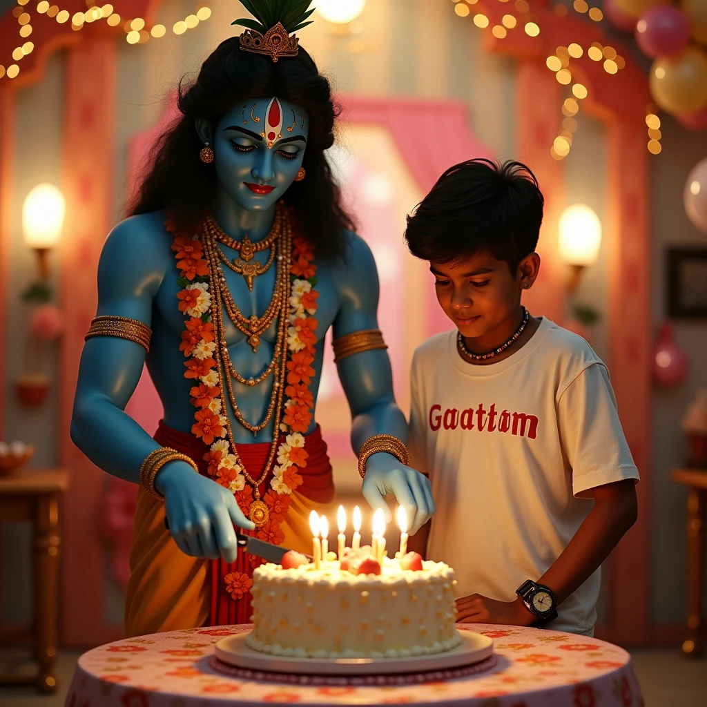 A real image shows Lord Krishna cuttings a birthday round cake on the table which has "Gautam yadav" clearly written in big letters, and standing next to him is a real 1 boy wearing like a white T-shirt which has "Gautam" clearly written on it, the boy is wearing a watch bracelets, stylish black hair, the two are in a love temple, the temple is decorated with beautiful lights and balloons.