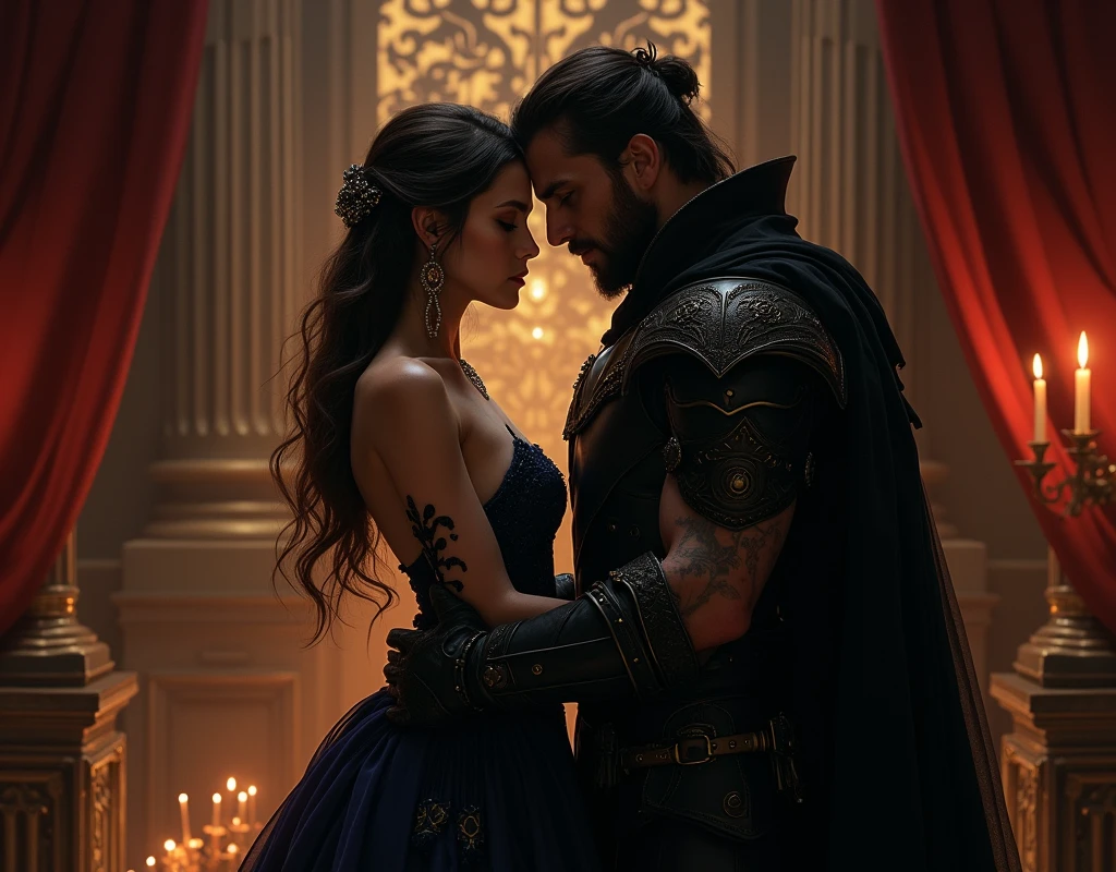 In a dimly lit, opulent chamber within the dark fantasy palace, Lady Seraphina d’Aurelis and Kael Valaran share an intimate moment. Seraphina, dressed in a dark, form-fitting gown that highlights her seductive and commanding presence, leans in close to Kael, her expression a mix of allure and cold calculation. Her eyes gleam with a dangerous intensity as she looks into Kael’s, testing the boundaries of his loyalty and desire. Kael, rugged and battle-hardened, stands close to her, his own expression one of conflict—torn between his attraction to her and the awareness of the power she holds over him. The tension between them is palpable, a dangerous mix of attraction and manipulation. The chamber is adorned with rich, dark fabrics and flickering candlelight, casting shadows that emphasize the mysterious and foreboding atmosphere. The depiction should be in a realistic, dark fantasy style, capturing the complex and intense emotions of this pivotal moment between Seraphina and Kael.