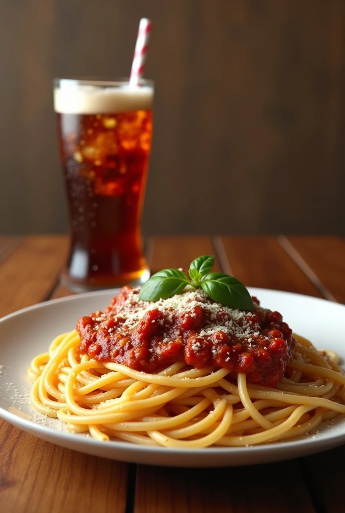 photoshot: table(wood), Plate on the plate spagetthi bolognese next to cola 3D realistic