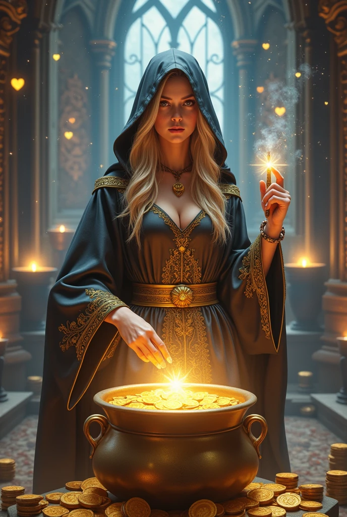 A beautiful witch with blonde hair in a hooded robe with a magic wand with a white stone in her hand and a golden cauldron full of coins. She is in a magical room full of stars and hearts.