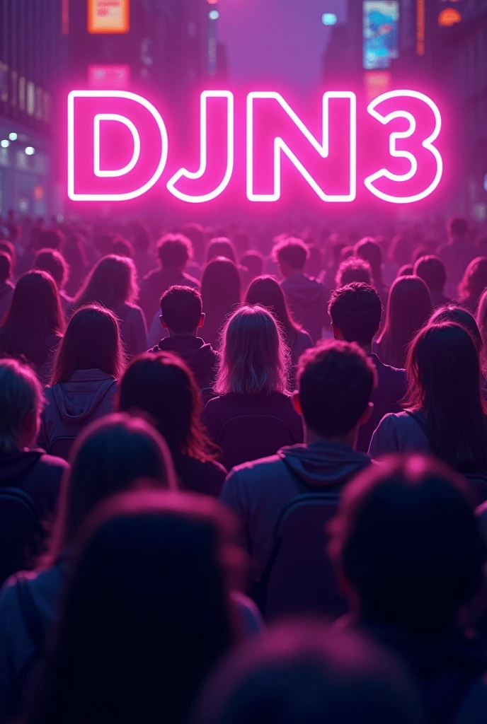 Make a profile picture with the name DJN3 in capital letters with a violet vibe, retro vibe, a lot of people there