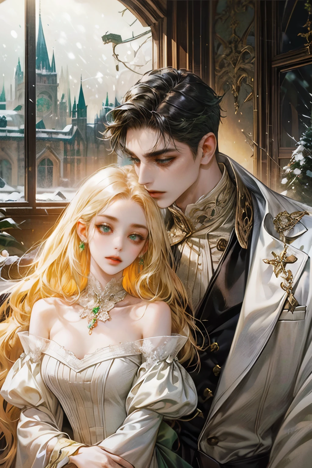 8k, complex, elegant, Very detailed, majestic, digital photography, surreal painting, victorian mansion, palace, detailed background, clear sky, beige mansion, (masterpiece, snow, fine and beautiful eyes: 1.2), HdR, (ojos verde brights)), victorian dress, ( bright), elegant girl, cana, musculature, White skin, elegant, in front of the camera, masterpiece, different hair colors, BLACK-haired MAN black hair. WOMAN WITH LONG BLONDE HAIR Cascading Down Her Shoulders. notable height difference, thin girl, robust muscular boy, wide shoulders, muscles, manly mature face, half body, snow, หิมะ, สีขาว