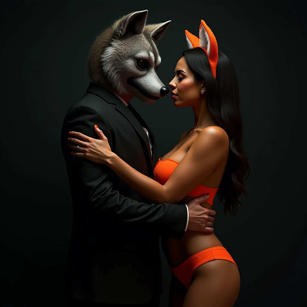 a man with a wolf mask wearing a gangster suit, hugging an 1 latin woman with very large breasts, wearing orange lingerie, fox ears in a photo studio, cinematic lighting, hyperrealistic, octane render, highly detailed, 8k, photorealistic, chiaroscuro lighting, dramatic pose, moody atmosphere