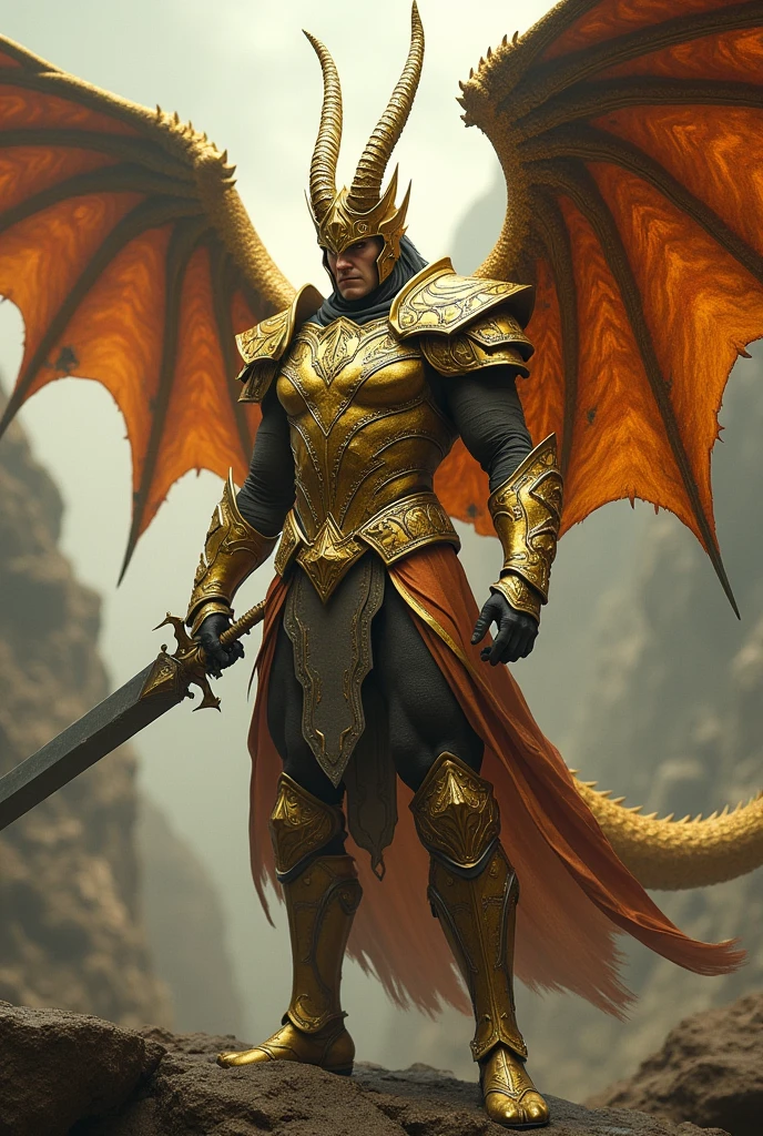 Make an image of a human hybrid with golden Capricorn armor,with the scalibur with the blessing of Athena and with dragon wings, with dragon helmet, with a man&#39;s body