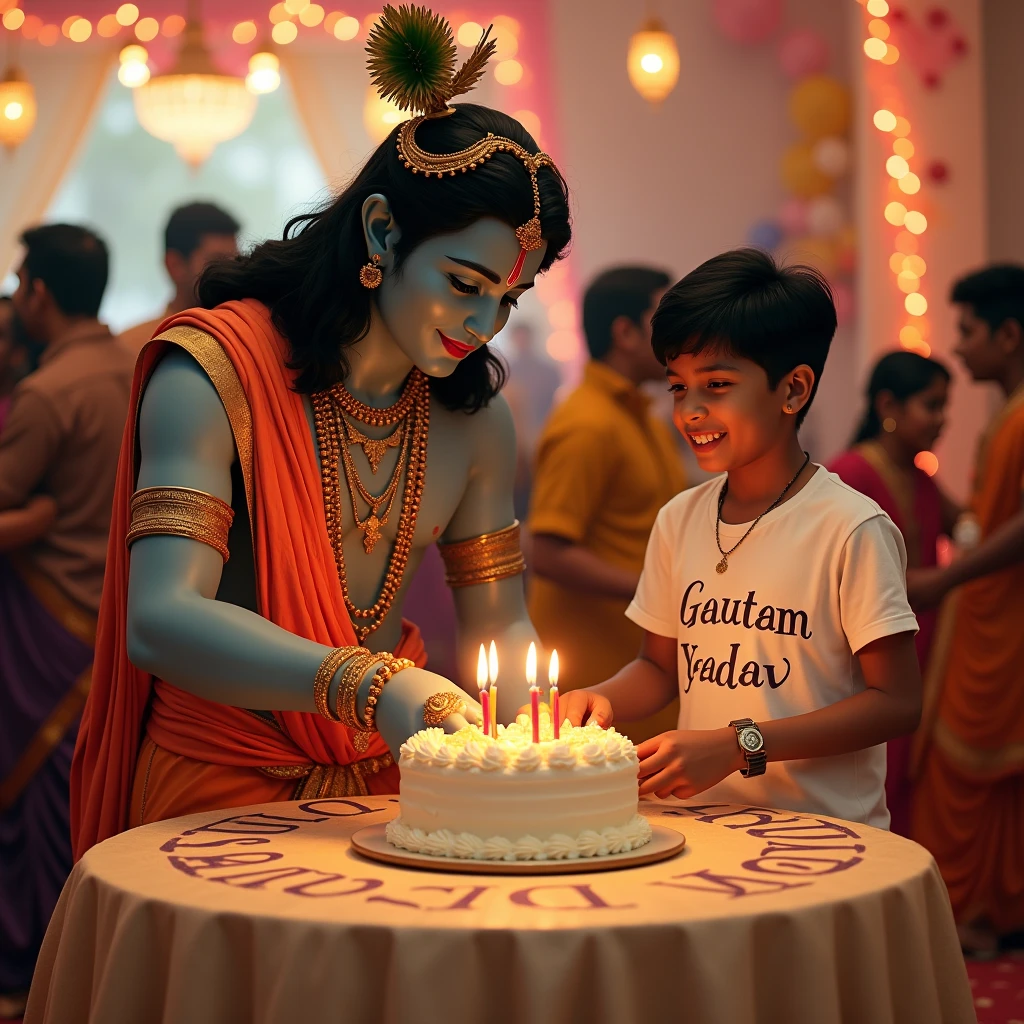 A real image shows Lord Krishna cuttings a birthday round cake on the table which has "Gautam yadav" clearly written in big letters, and standing next to him is a real 1 boy wearing like a white T-shirt which has "Gautam" clearly written on it, the boy is wearing a watch bracelets, stylish black hair, the two are in a love temple, the temple is decorated with beautiful lights and balloons.