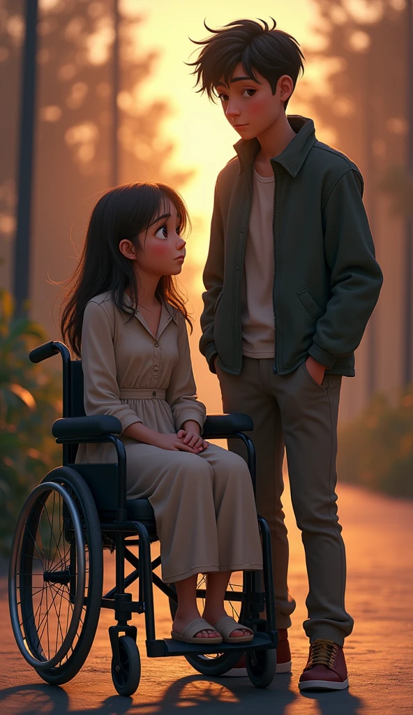 A sad georgous young woman on a wheelchair chair and her sad boyfriend,  pixar style, cinematic, masterpiece, high-aesthetic 