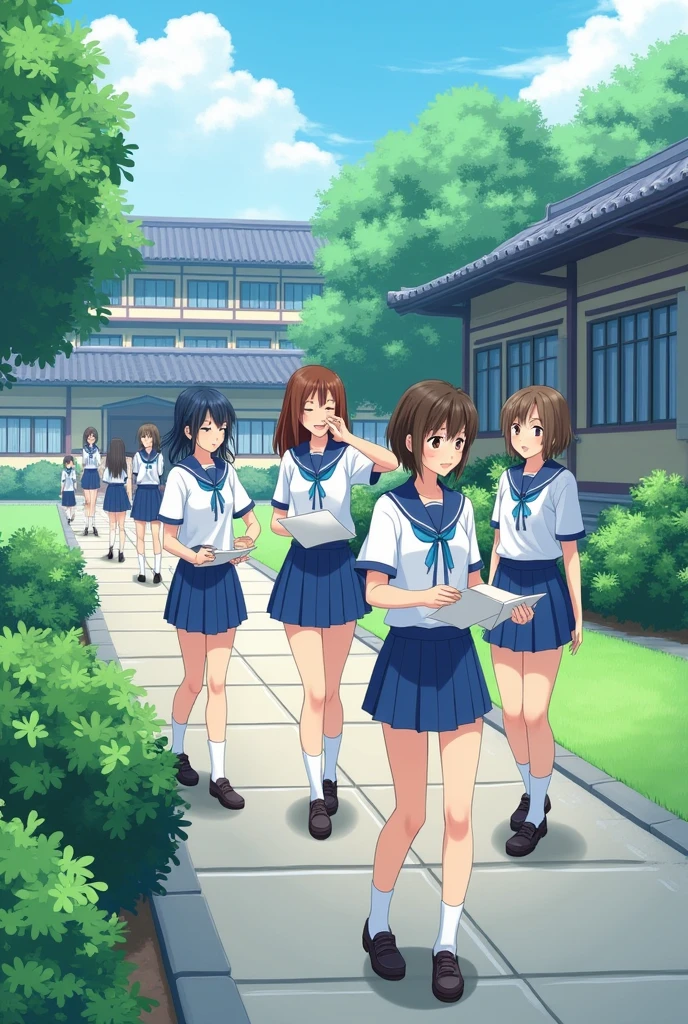 anime, Students dressed in white and blue are happy and respectful in helping each other

