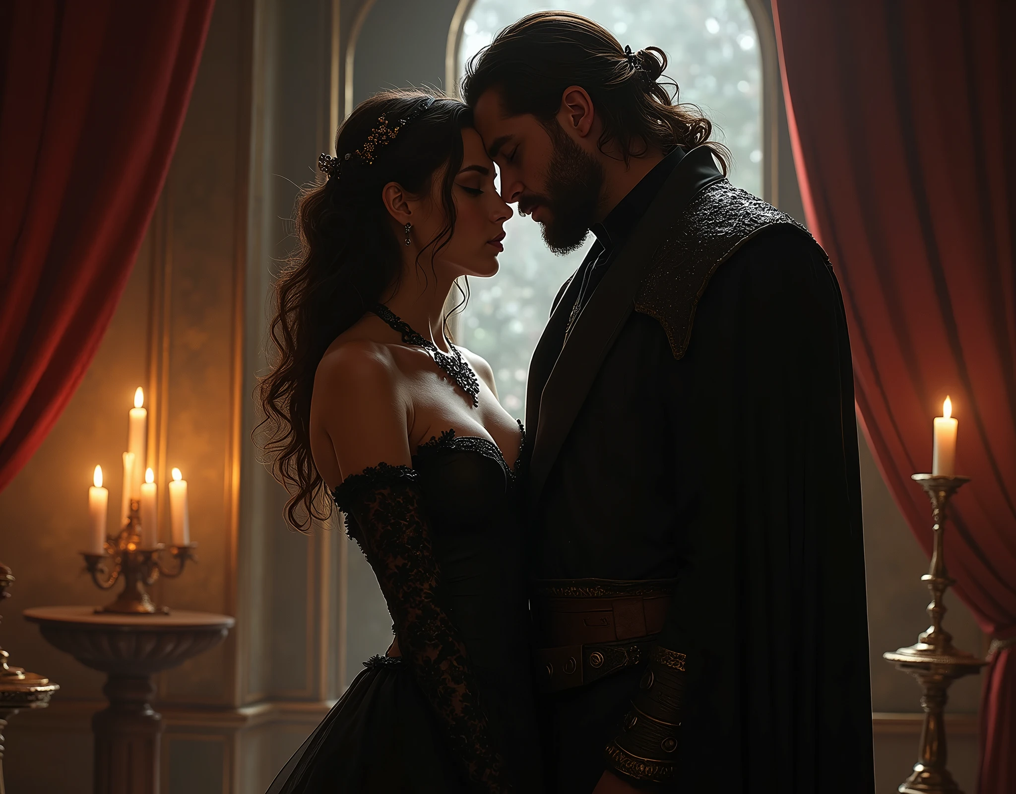 In a dimly lit, opulent chamber within the dark fantasy palace, Lady Seraphina d’Aurelis and Kael Valaran share an intimate moment. Seraphina, dressed in a dark, form-fitting gown that highlights her seductive and commanding presence, leans in close to Kael, her expression a mix of allure and cold calculation. Her eyes gleam with a dangerous intensity as she looks into Kael’s, testing the boundaries of his loyalty and desire. Kael, rugged and battle-hardened, stands close to her, his own expression one of conflict—torn between his attraction to her and the awareness of the power she holds over him. The tension between them is palpable, a dangerous mix of attraction and manipulation. The chamber is adorned with rich, dark fabrics and flickering candlelight, casting shadows that emphasize the mysterious and foreboding atmosphere. The depiction should be in a realistic, dark fantasy style, capturing the complex and intense emotions of this pivotal moment between Seraphina and Kael.
