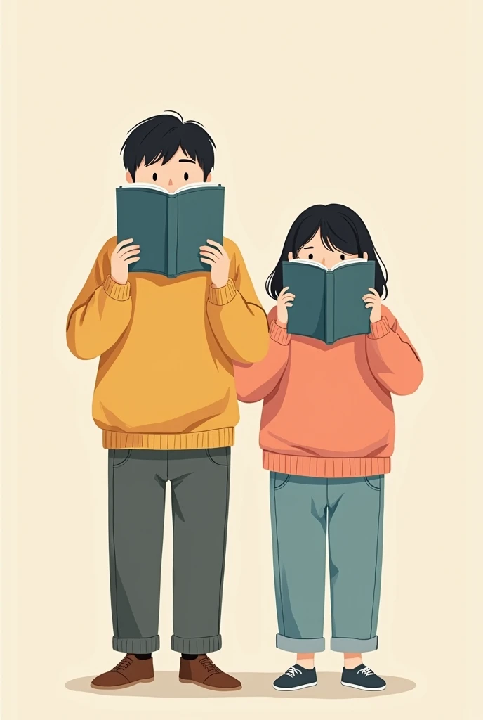 Vector art of couple wearing buggy sweater and both are holding a book covering their face. The guy is taller and the girl is a bit chubby and with short hair. The guys hair is korean style