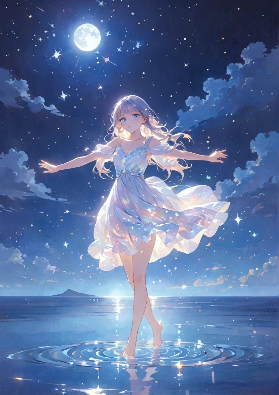 A girl standing alone under the starry night sky, with her silhouette illuminated by the soft moonlight and twinkling stars. Her face is beautifully detailed, with mesmerizing eyes that seem to reflect the universe itself, long and fluttering eyelashes, and exquisitely defined lips. She is dressed in an elegant gown, flowing and ethereal, embracing her figure gracefully as it glimmers with a subtle celestial glow. The intricate details of her dress catch the faint starlight, creating a mesmerizing sparkle. The surrounding landscape showcases a serene ocean. The air is filled with a gentle breeze, causing the fabric to sway delicately. The  is bathed in a warm, dreamy color palette, with hues of deep blues, purples, and hints of silver. The atmosphere is calm and tranquil, evoking a sense of peace and serenity. The artwork is of the highest quality, meticulously created with ultra-detailed brushstrokes and precise attention to every element. The texture and depth of the painting are breathtaking, with a sense of realism and photorealism that captures the awe-inspiring beauty of the night sky. The lighting is soft and diffused, casting a gentle glow over the entire scene, enhancing the magical ambiance. The girl's presence radiates a sense of mystery and wonder, as if she holds a secret connected to the celestial beings above. The overall composition evokes a feeling of timelessness and captures the essence of a StarSign, an artwork that embodies the celestial beauty and inner strength of a girl in harmony with the stars. Barefoot,walking on water