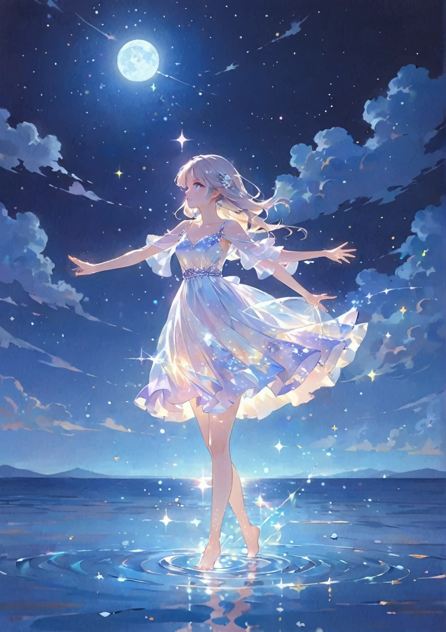 A girl standing alone under the starry night sky, with her silhouette illuminated by the soft moonlight and twinkling stars. Her face is beautifully detailed, with mesmerizing eyes that seem to reflect the universe itself, long and fluttering eyelashes, and exquisitely defined lips. She is dressed in an elegant gown, flowing and ethereal, embracing her figure gracefully as it glimmers with a subtle celestial glow. The intricate details of her dress catch the faint starlight, creating a mesmerizing sparkle. The surrounding landscape showcases a serene ocean. The air is filled with a gentle breeze, causing the fabric to sway delicately. The  is bathed in a warm, dreamy color palette, with hues of deep blues, purples, and hints of silver. The atmosphere is calm and tranquil, evoking a sense of peace and serenity. The artwork is of the highest quality, meticulously created with ultra-detailed brushstrokes and precise attention to every element. The texture and depth of the painting are breathtaking, with a sense of realism and photorealism that captures the awe-inspiring beauty of the night sky. The lighting is soft and diffused, casting a gentle glow over the entire scene, enhancing the magical ambiance. The girl's presence radiates a sense of mystery and wonder, as if she holds a secret connected to the celestial beings above. The overall composition evokes a feeling of timelessness and captures the essence of a StarSign, an artwork that embodies the celestial beauty and inner strength of a girl in harmony with the stars. Barefoot,walking on water
