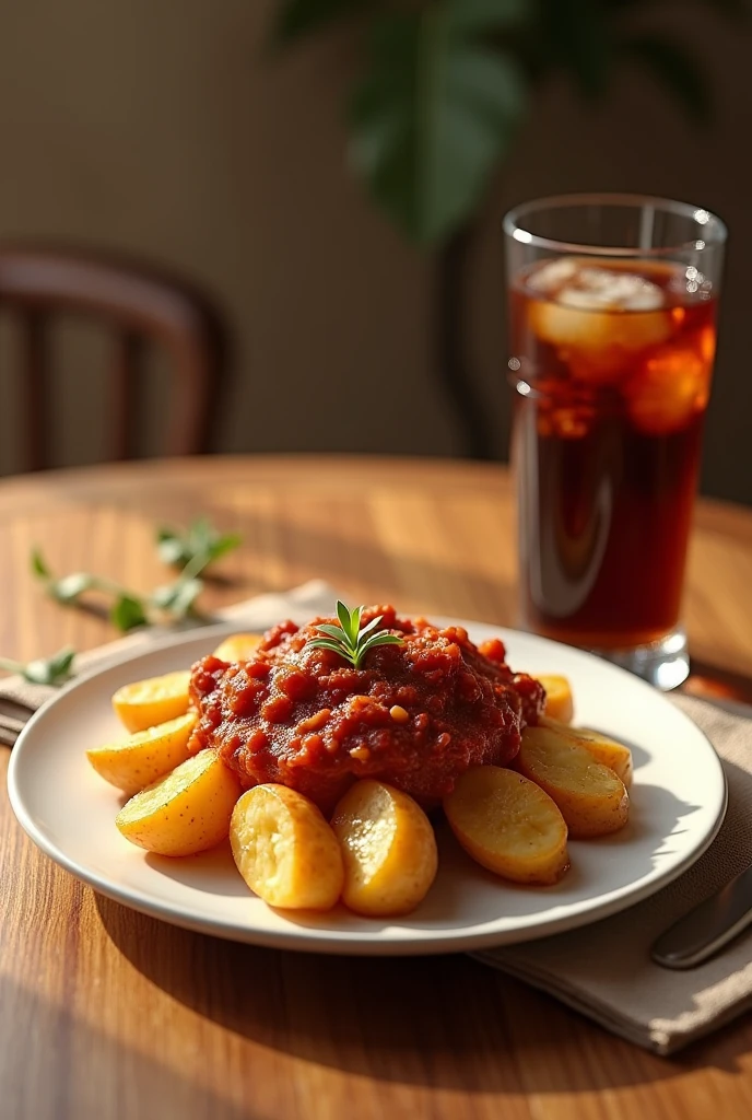 photoshot: table(wood), Plate on the plate potatoes bolognese next to cola 3D realistic