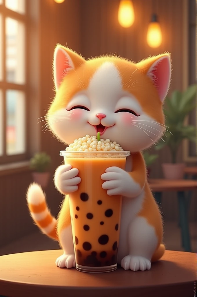 Cat drinking boba tea