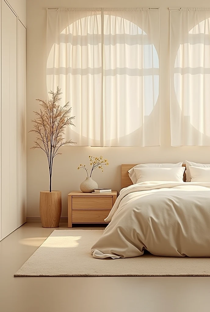 Bedroom beige walls. aesthetic. realistic photo. 4k. The room is harmonized with shades of beige, truth of light plants and wood. Minimalist but stylish design enhancing the comfort and utility of the furniture.