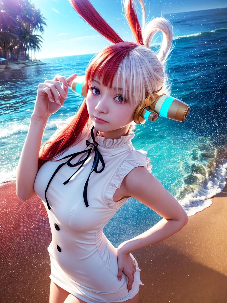 masterpiece Uta, one piece \(series\), Anime art style, masterpiece, Elegant white dress, Long red and white hair, One girl, alone, headphone, Red eyes, Looking at the audience, Beautiful Face, Detailed face, Mouth closed, Photo: Central body, elbow sleeve, Eyes visible through hair, Medium chest, V-shaped eyebrows, Detailed Background, Outdoor, Beach, null, (Super detailed), (8k, Complex), (85mm), Particles of light, Day, whole body, (Very detailed:1.2), (Gradation), SFW, colorful, (Detailed Background), (The rule of thirds_composition:1.3), (Course of action:1.2), Daylight, alone