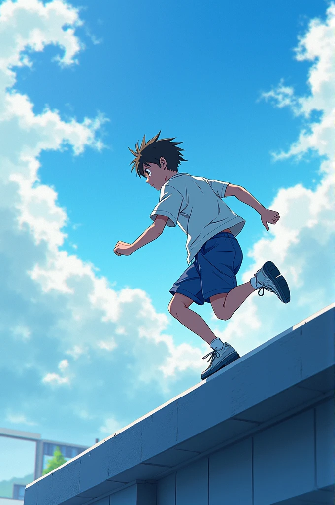 patient teenager boy character right side pose running on hospital roof , anime style (best quality)), ((masterpiece)), (detailed)
