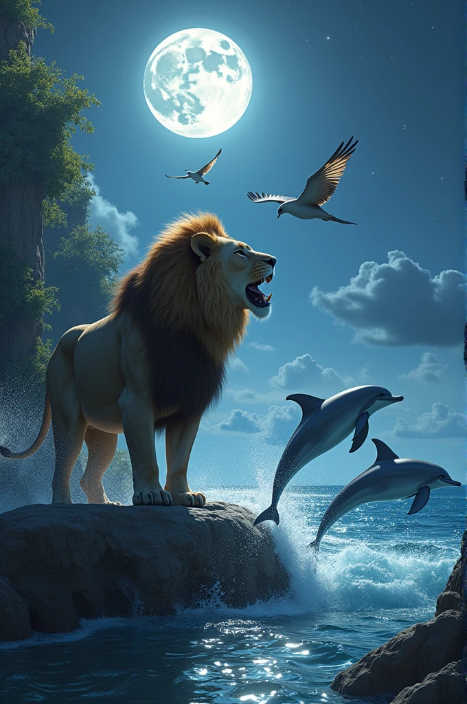 The lion roars, the birds take flight,
The dolphins dance in the moonlight,